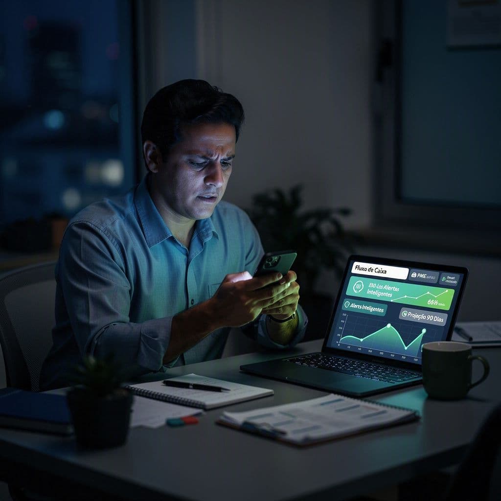 Empreendedor analisando dashboard preditivo de caixa à noite com alertas inteligentes