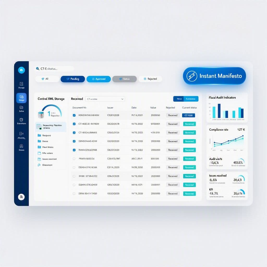 Dashboard de DF-e com CT-es recebidos e repositório central de XMLs.