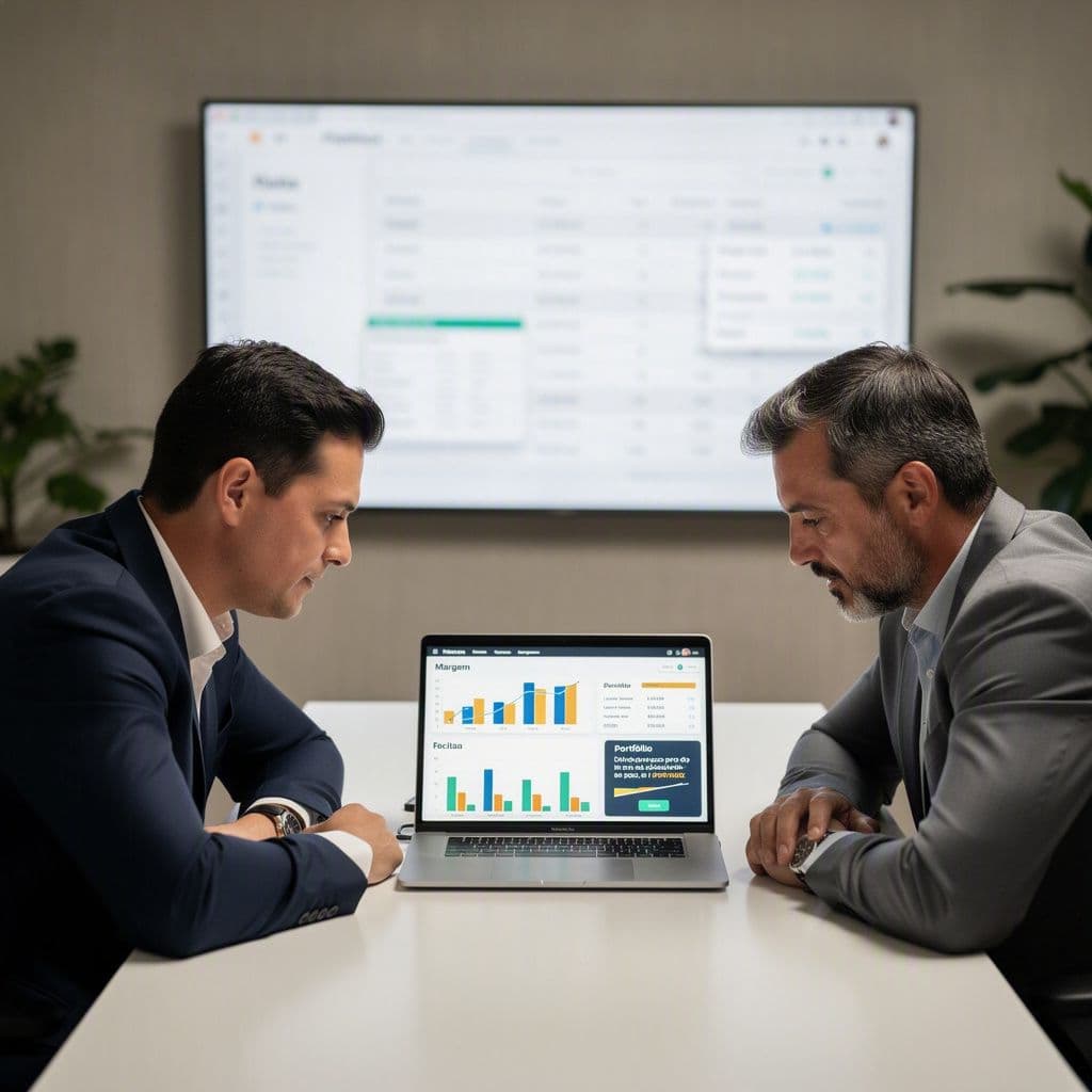 Gestor analisando rentabilidade por produto com base em notas fiscais e dashboard financeiro