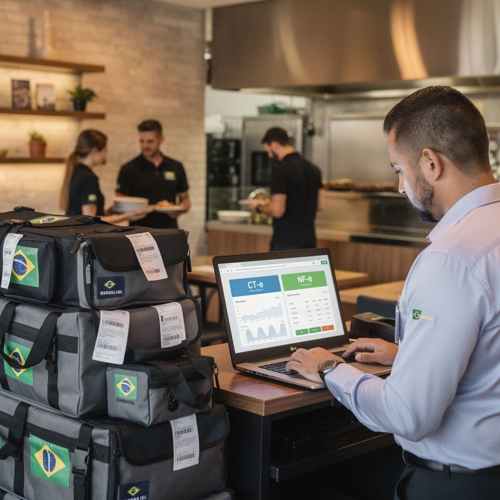 Gestor de restaurante analisando documentos fiscais enquanto pedidos se acumulam no balcão.