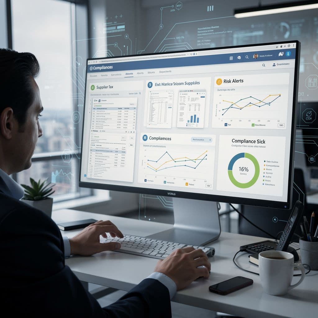 Profissional analisando painel fiscal com documentos de diversos fornecedores