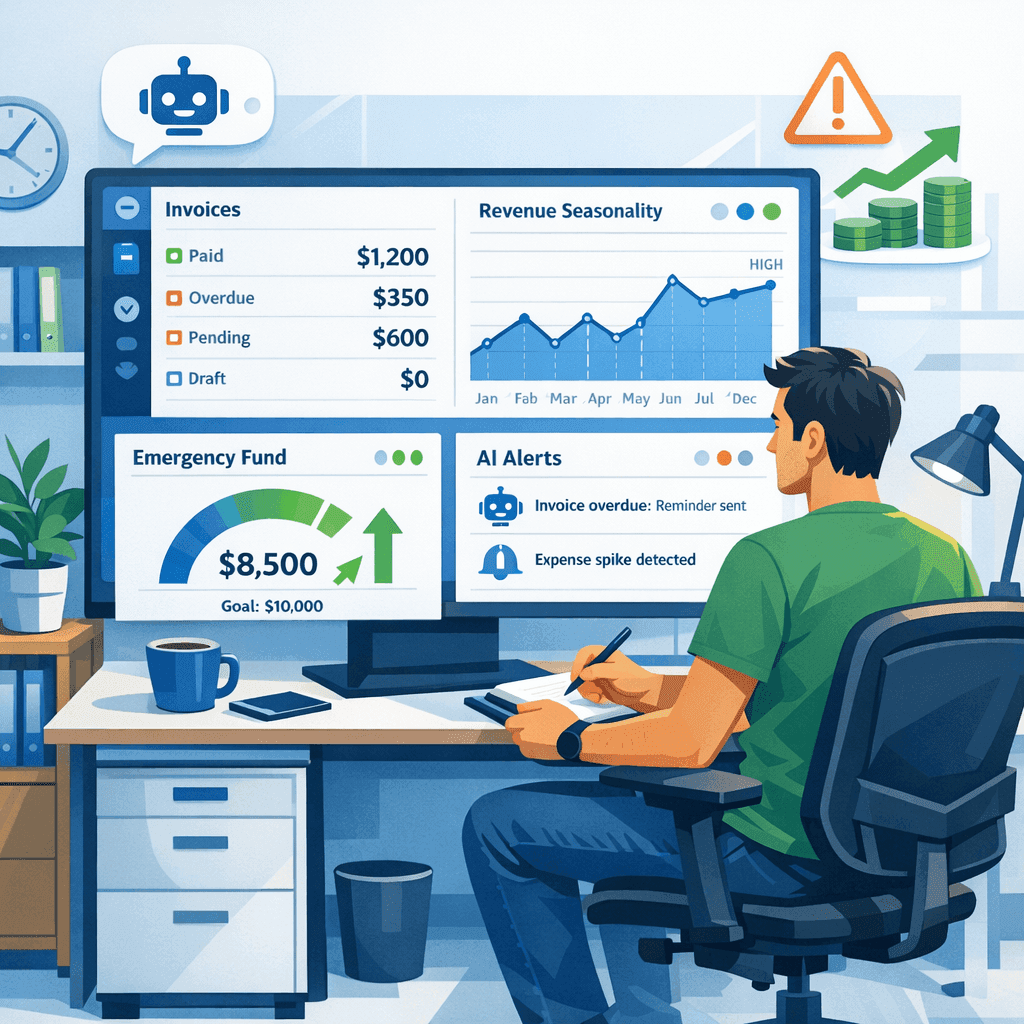 Profissional analisando notas fiscais e projeção de reserva de emergência em dashboard financeiro