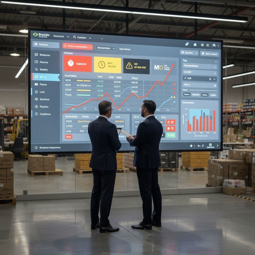 Gestores analisando NF-e recebidas em painel com alertas de risco antes do pagamento ao fornecedor.