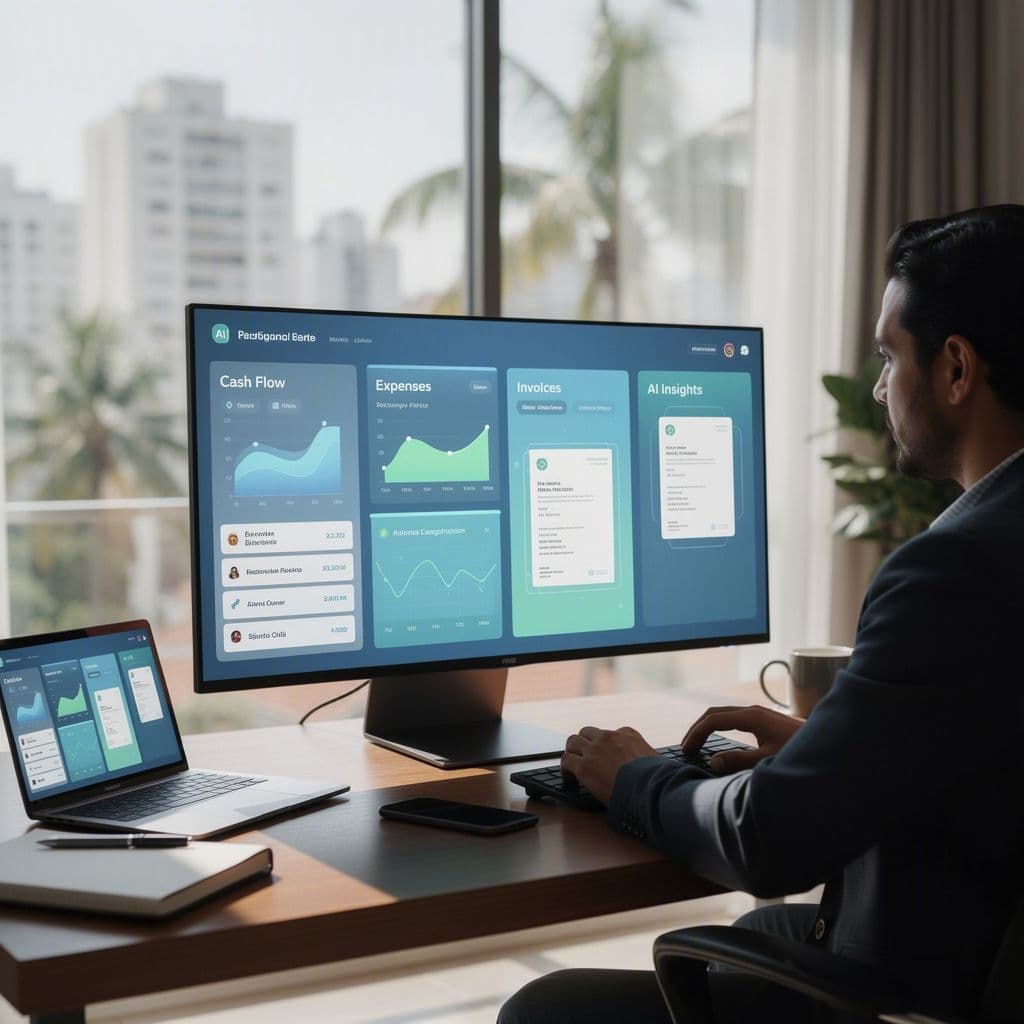 Empreendedor analisando finanças pessoais e empresariais em um dashboard com inteligência artificial