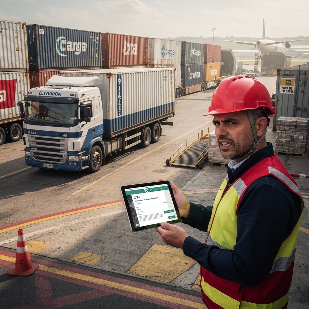 Gestor de logística analisando CT-e multimodal enquanto carga fica parada entre caminhão, trem e avião