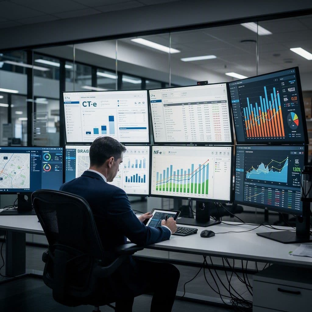 Gestor de logística analisando CT-e e indicadores de margem em uma tela