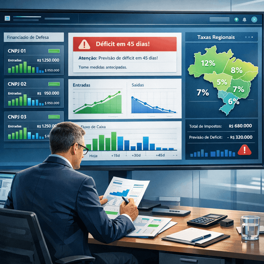 Dashboard de previsão de ICMS com alerta de déficit 45 dias antes para múltiplos CNPJs