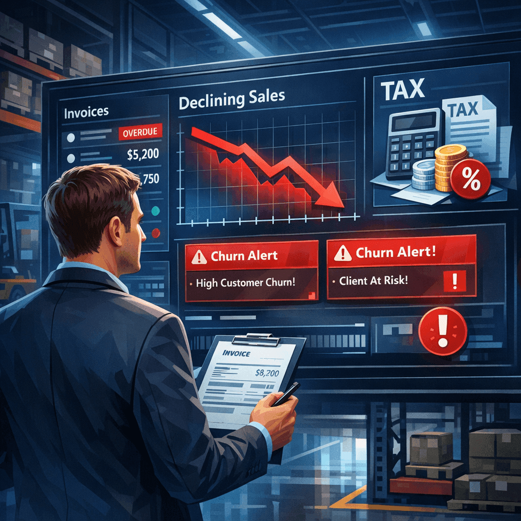 Gerente comercial analisando dashboard com alertas de churn fiscal baseados em NF-e