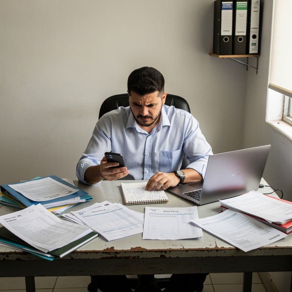 Pequeno empresário procurando XMLs e notas em várias fontes desorganizadas