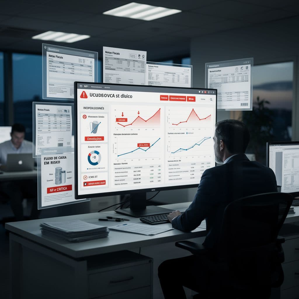 Gestor financeiro analisando alertas de crise em NF-e recebidas em um dashboard fiscal