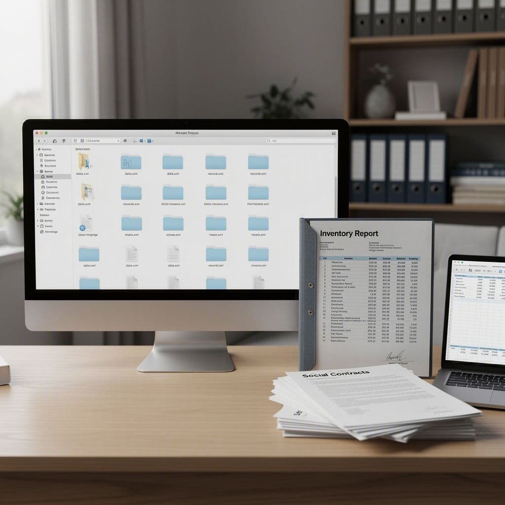Pasta digital de XMLs fiscais sendo comparada com documentos de inventário empresarial