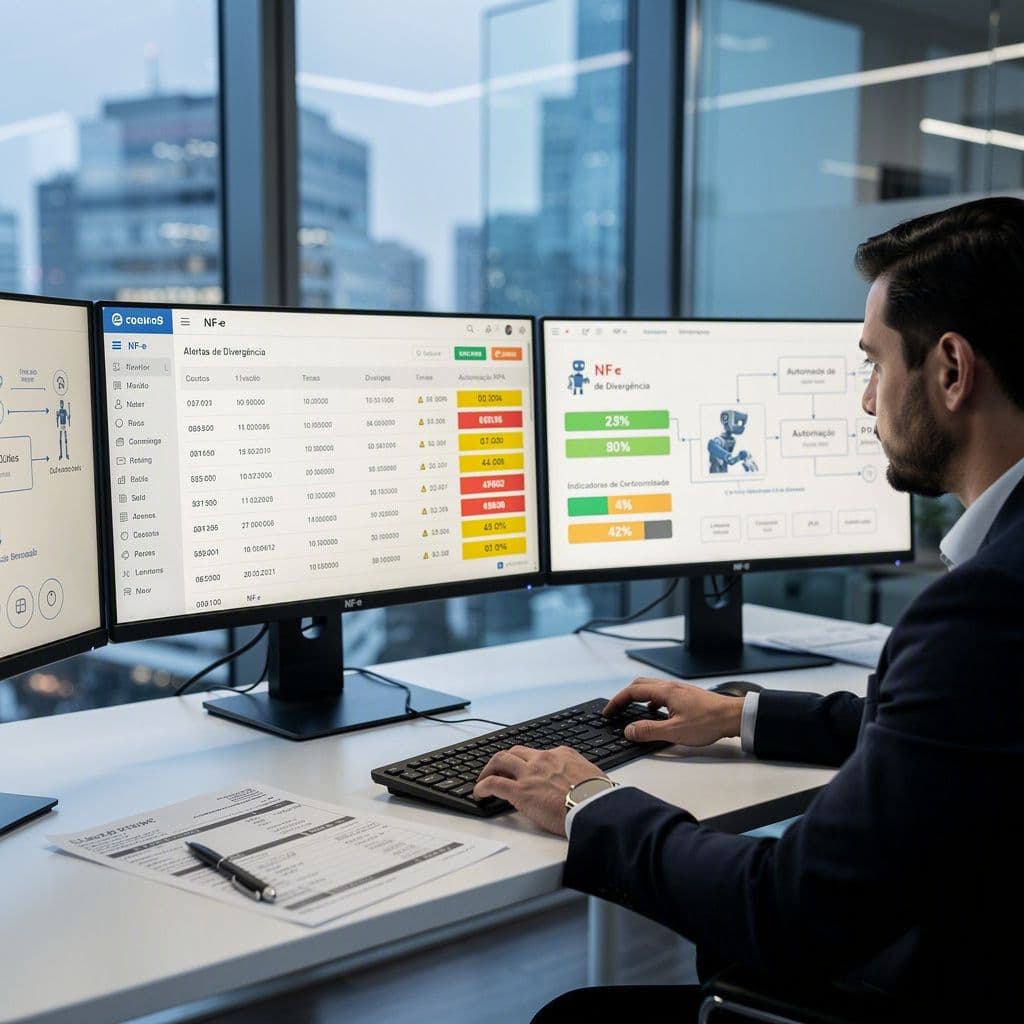 Analista fiscal observando alertas em painel de automação de notas fiscais