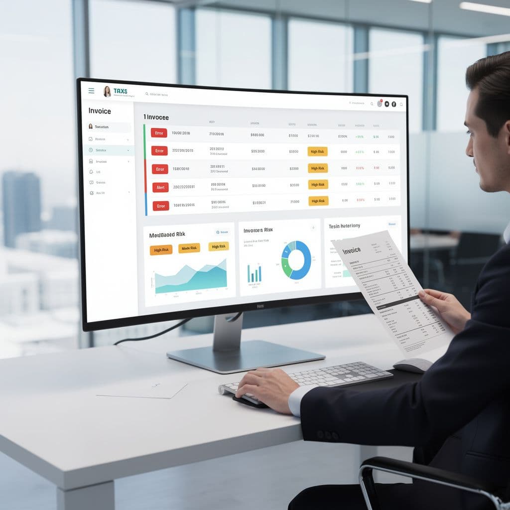 Profissional fiscal analisando uma NF-e com alerta de erro em dashboard digital