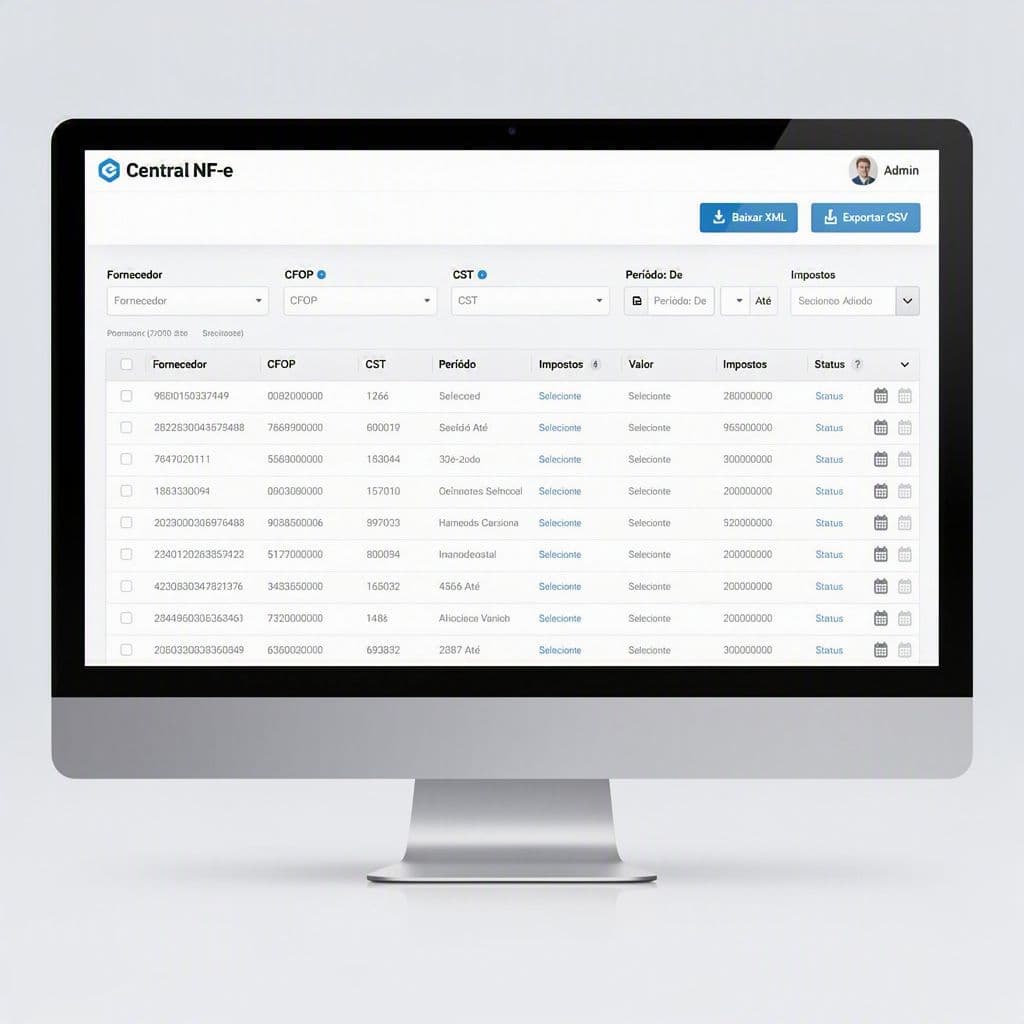 Repositório central de NF-e com filtros por fornecedor, período e impostos