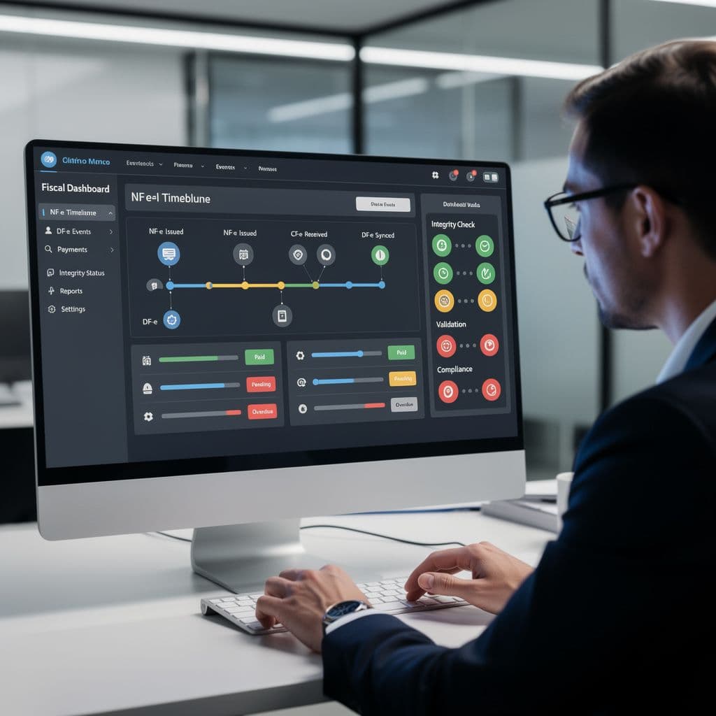 Gestor fiscal analisando linha do tempo de evidências em dashboard