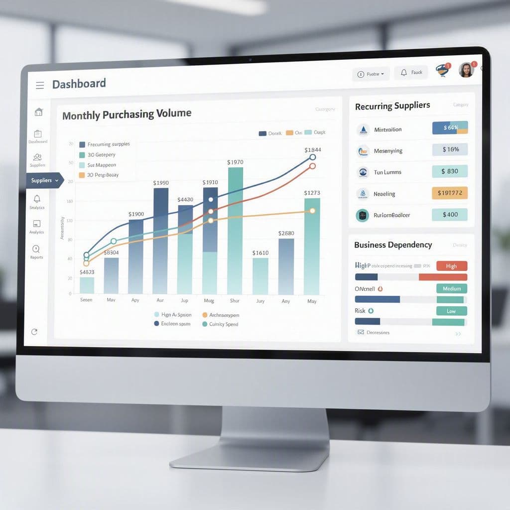 Painel com análise de notas fiscais por fornecedor e frequência de compras
