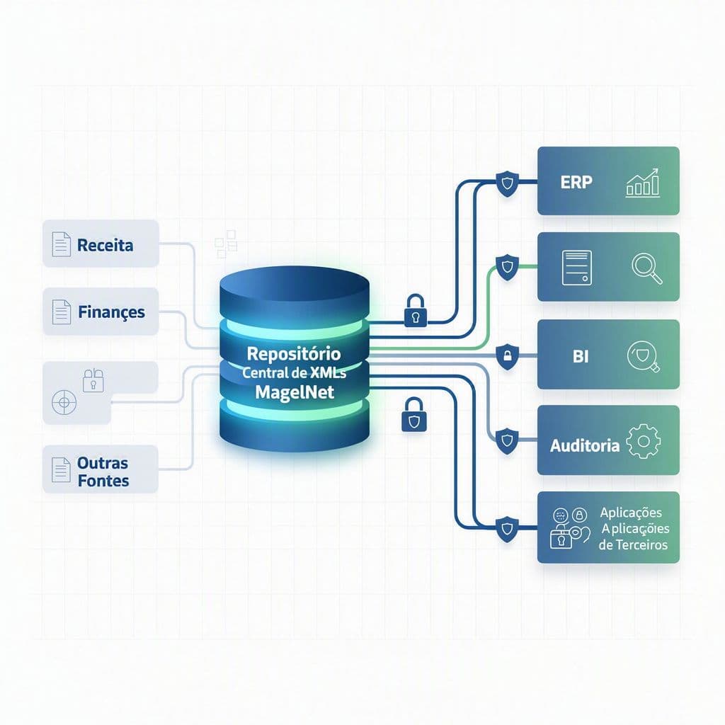 Arquitetura com repositório central de XMLs da MagelNet distribuindo dados para ERP, financeiro e BI