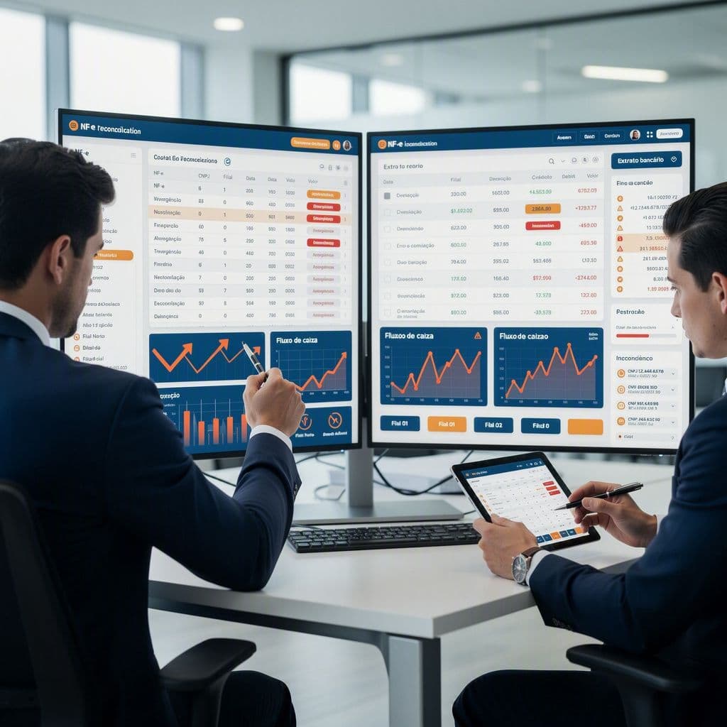 Gestor financeiro conciliando NF-e com extrato bancário e identificando divergências que afetam o caixa
