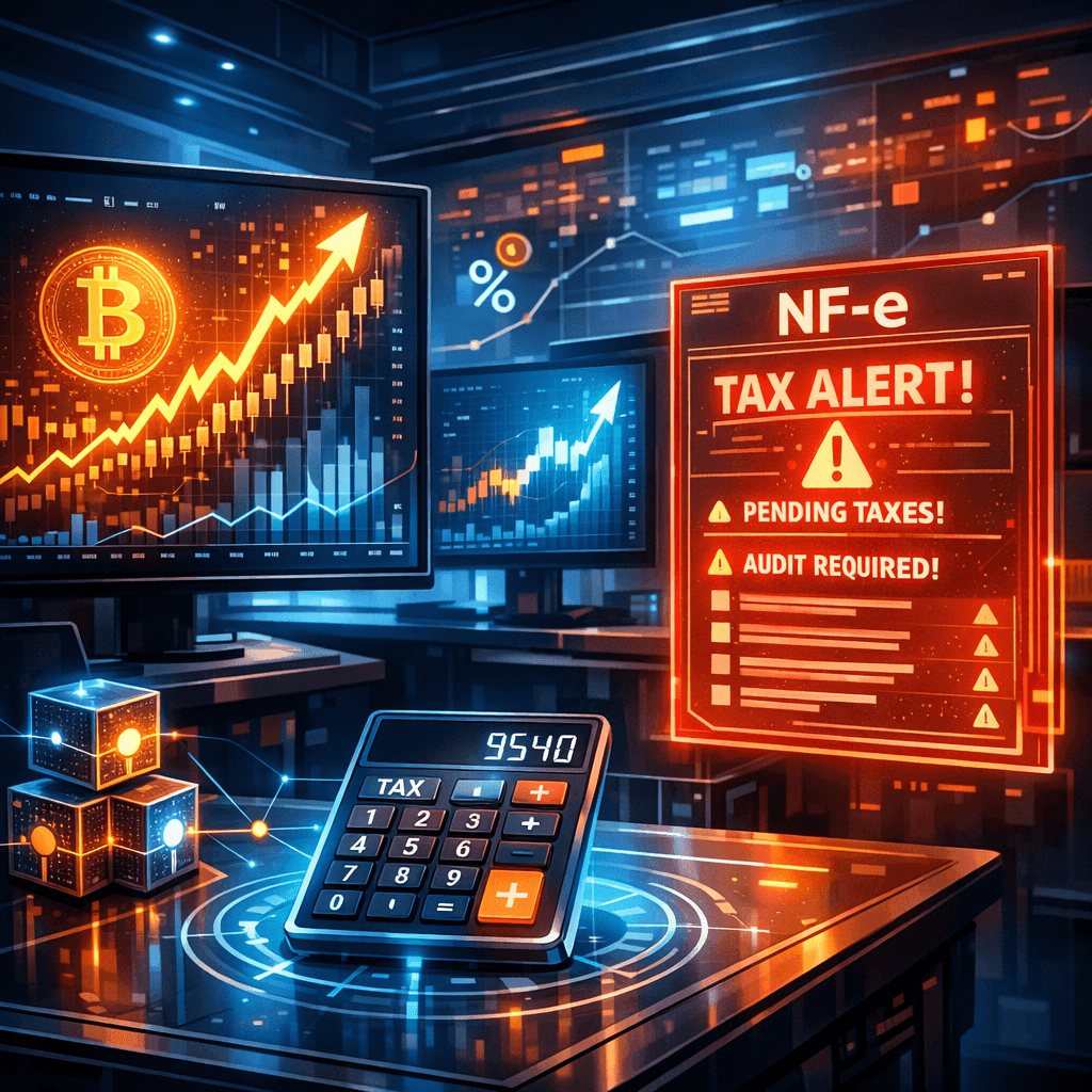 Tela com gráficos de cripto e NF-e com alerta fiscal representando riscos tributários em operações com Bitcoin