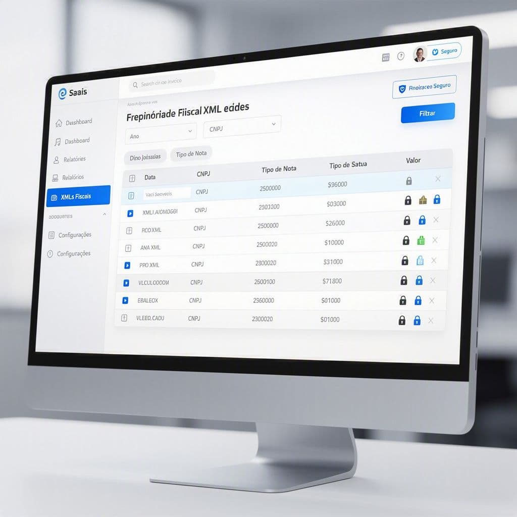 Dashboard de repositório central de notas com histórico de XMLs organizados por anos