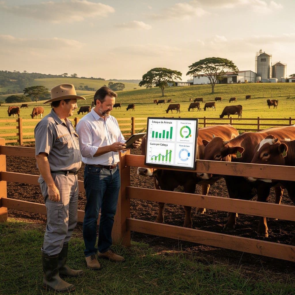 Pecuarista analisando controle de rebanho, custos e fluxo de caixa em dashboard na fazenda