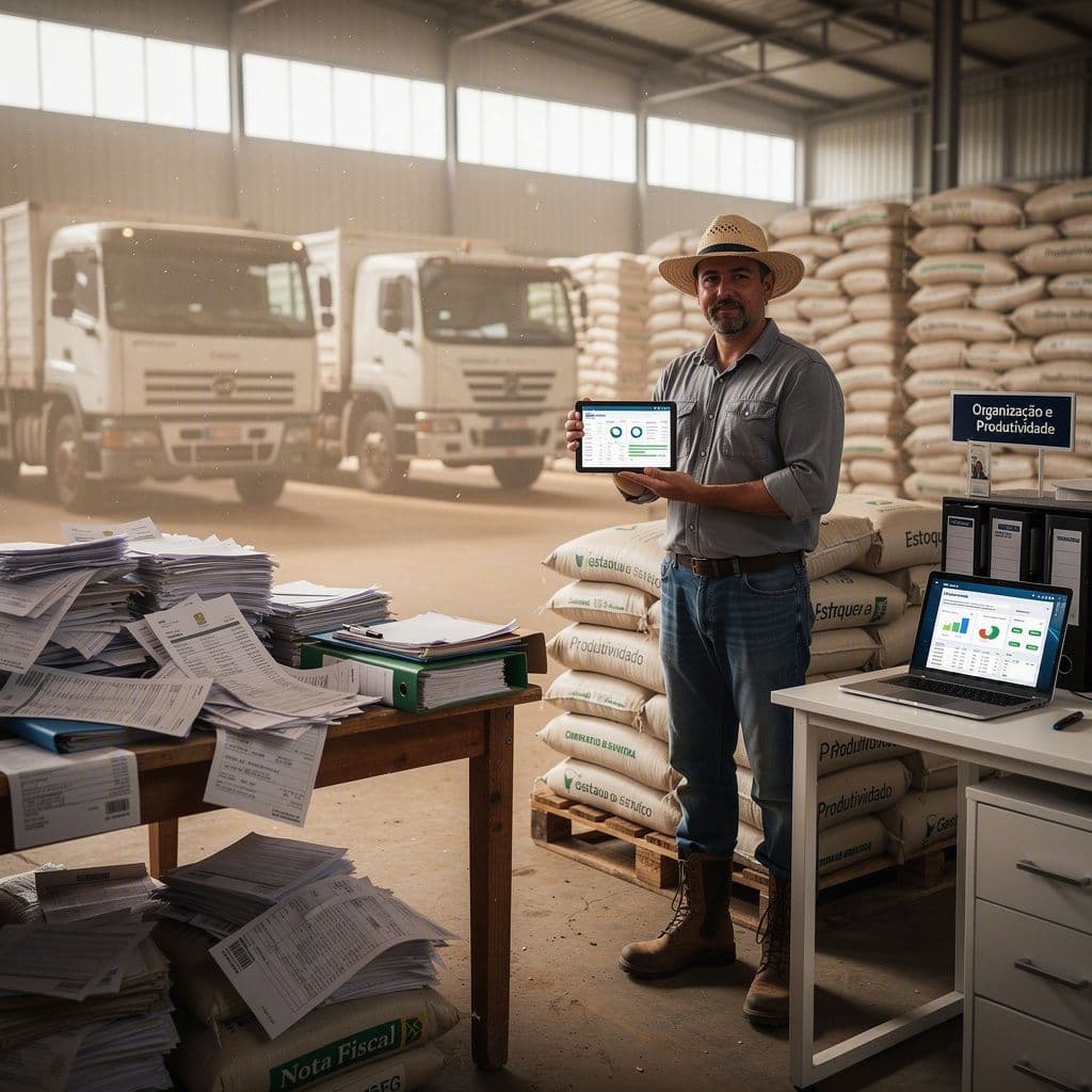 Produtor rural em armazém de grãos usando painel digital para controlar estoque, romaneios e contratos