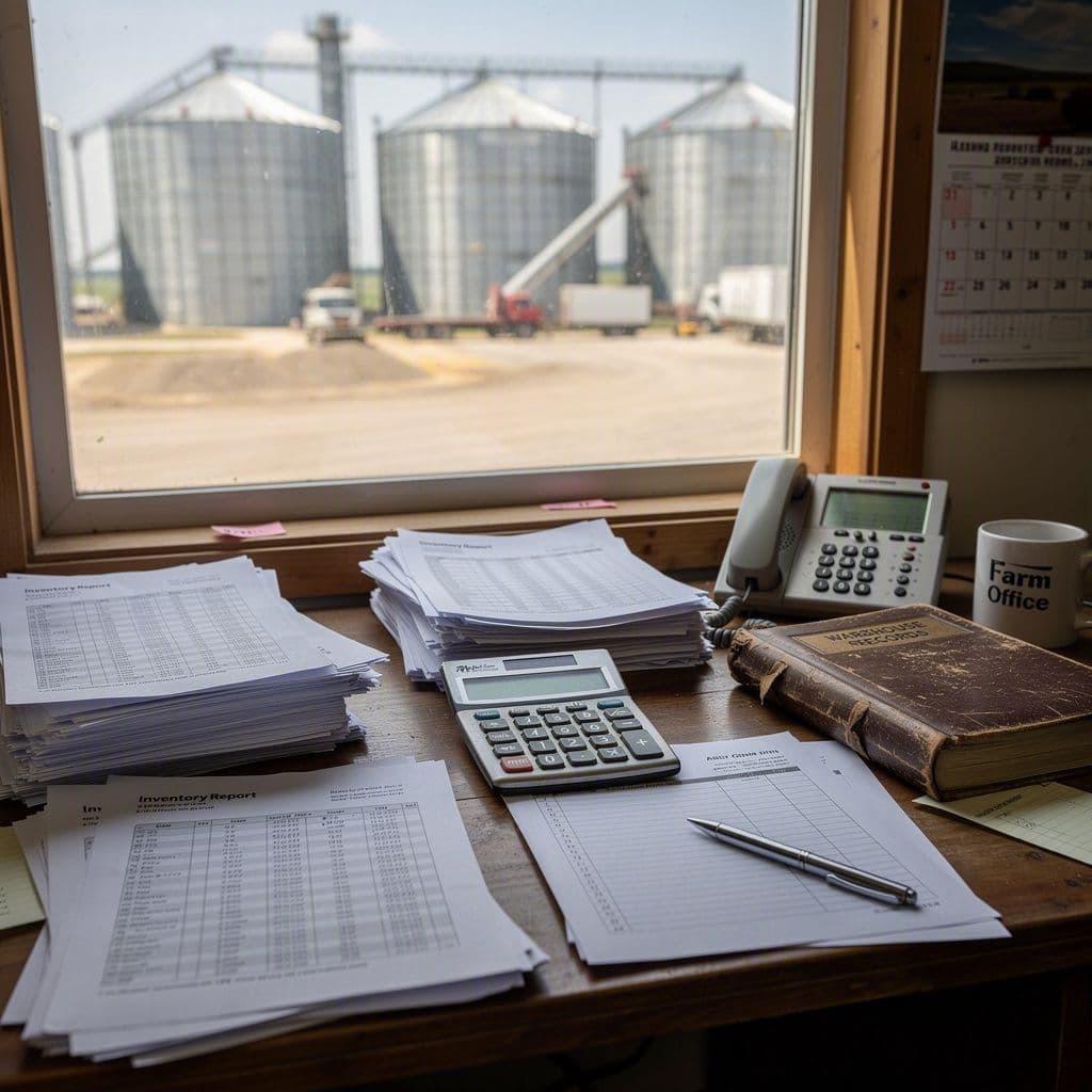 Mesa de escritório rural com romaneios em papel, calculadora e planilhas ao lado de visão de silo e caminhões