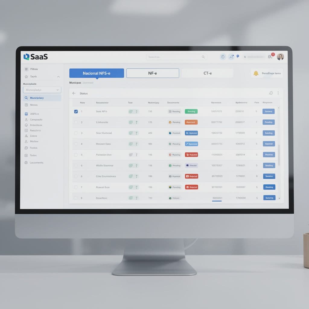 Dashboard unificado com NFS-e, NF-e e CT-e exibindo status e alertas.