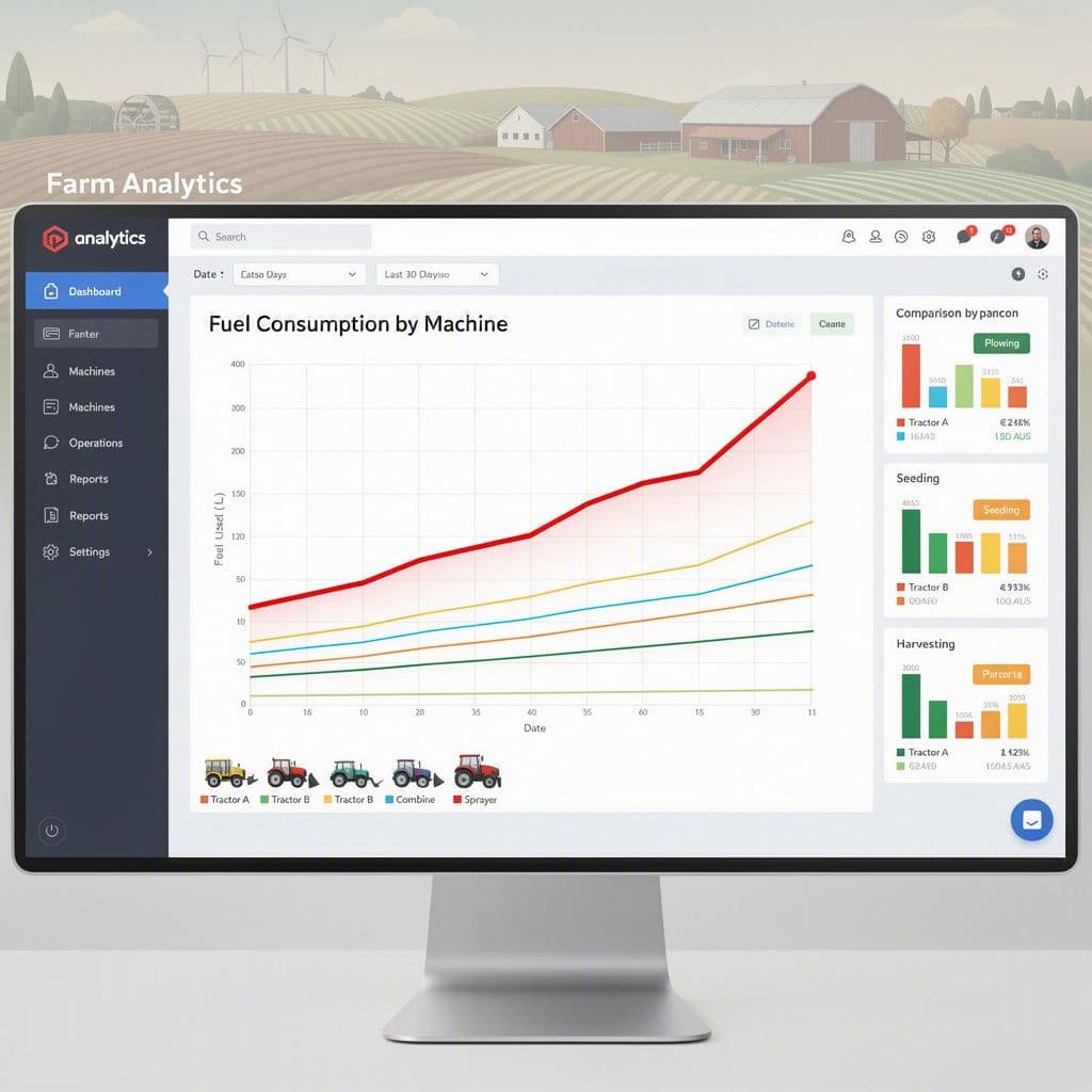 Painel agrícola mostrando aumento no consumo de combustível de uma máquina