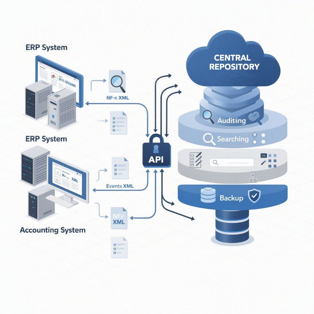 Diagrama de arquitetura com ERP, API fiscal e repositório central de XMLs