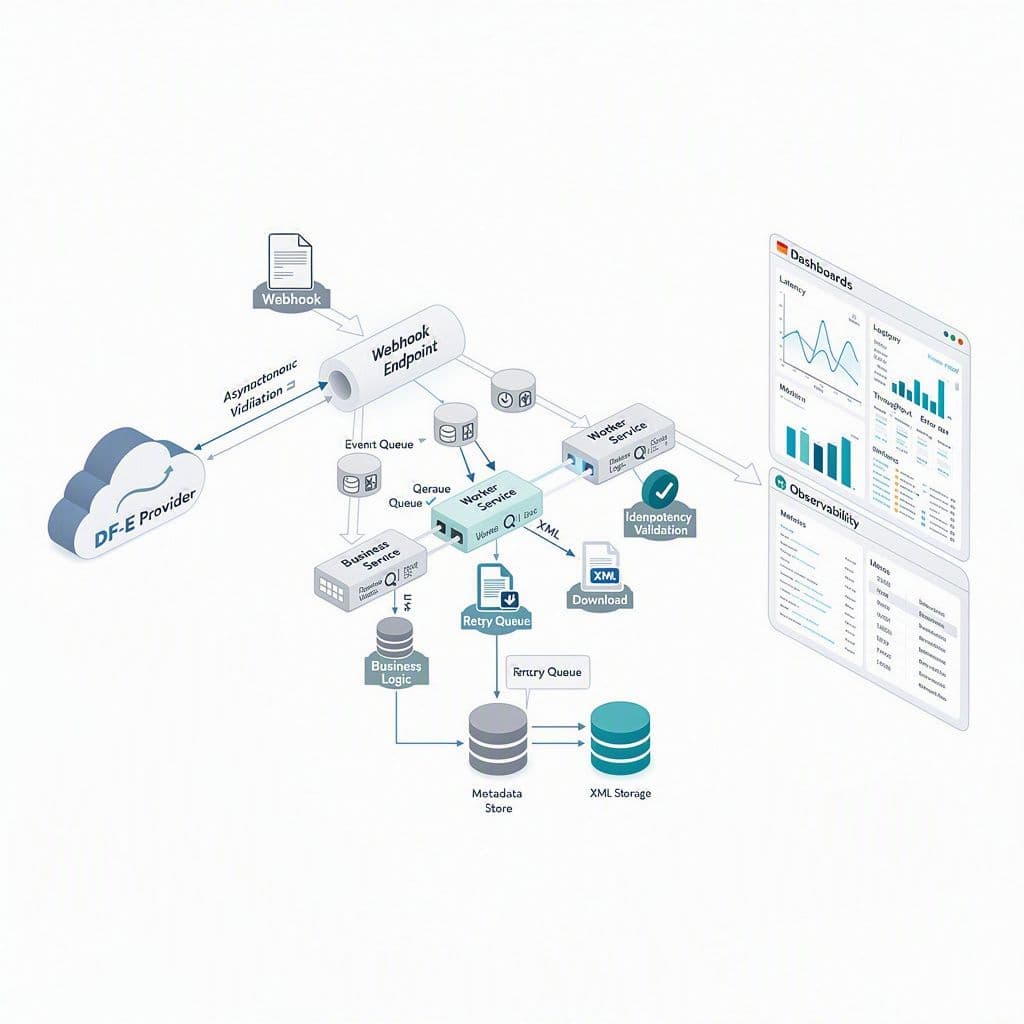 Arquitetura com webhook disparando filas e download paralelo de XML
