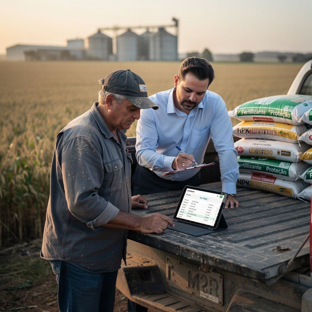 Produtor rural consultando tabela de IBS e CBS zero para insumos agro antes da compra da safrinha