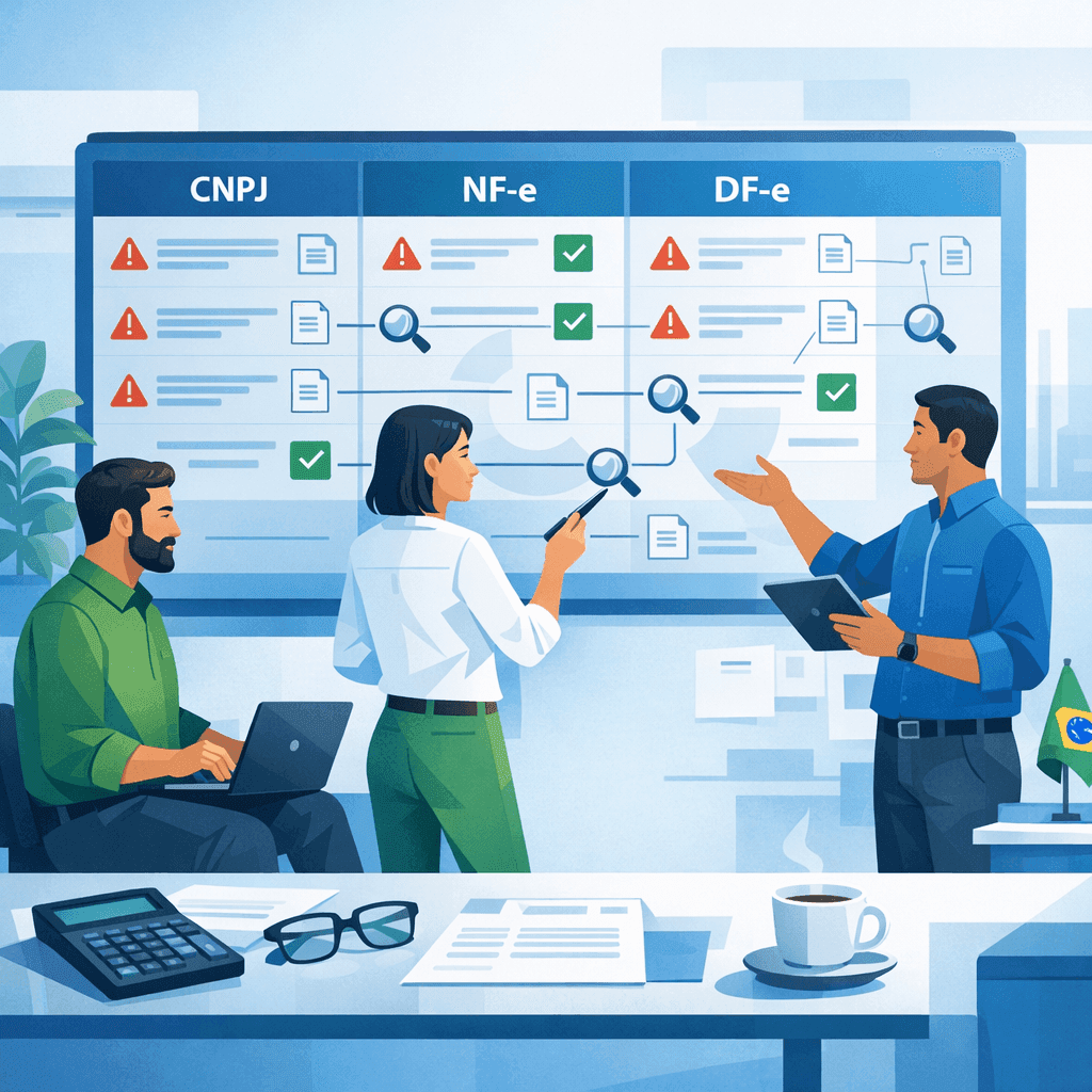 Equipe fiscal colaborando em painel digital de NF-e e DF-e com múltiplos titulares