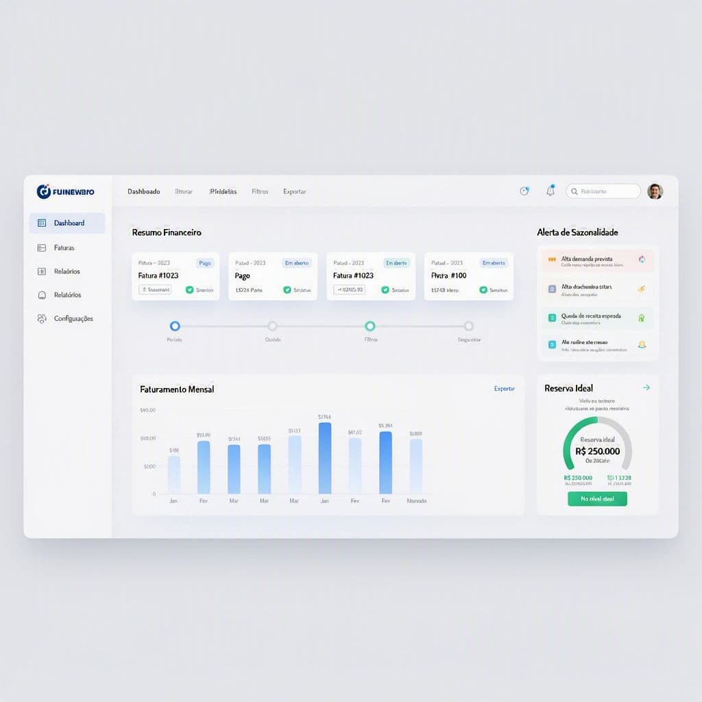 Dashboard com linha do tempo de notas fiscais e sazonalidade de receita