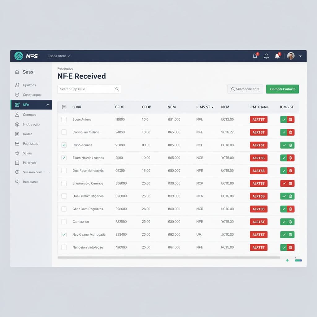 Dashboard fiscal com colunas de CFOP, NCM e alertas de ICMS ST