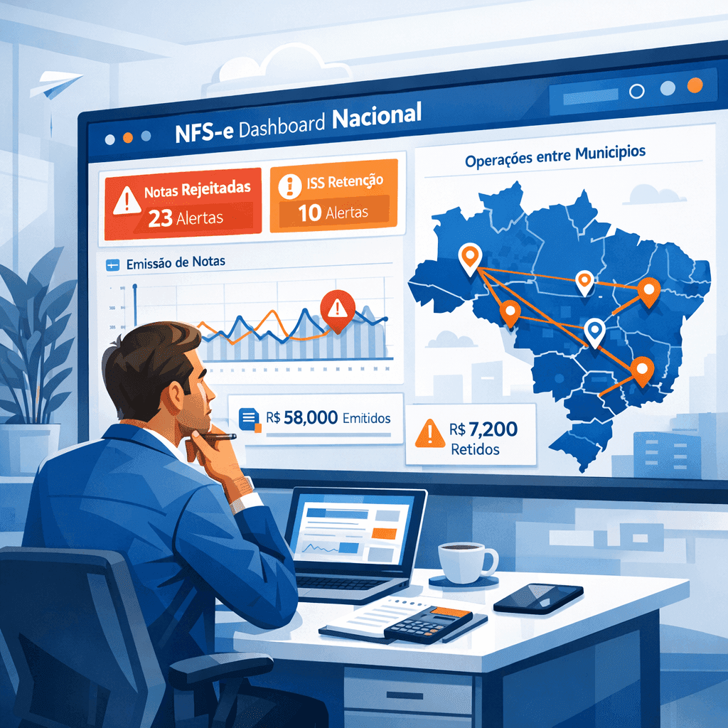 Empresário analisando riscos e alertas da NFS-e Nacional em painel fiscal digital.